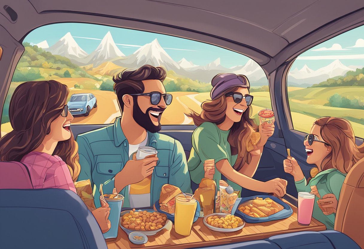 A group of adults playing road trip games in a car, laughing and having fun. The car is packed with snacks and drinks, and the scenery outside the window is changing as they drive