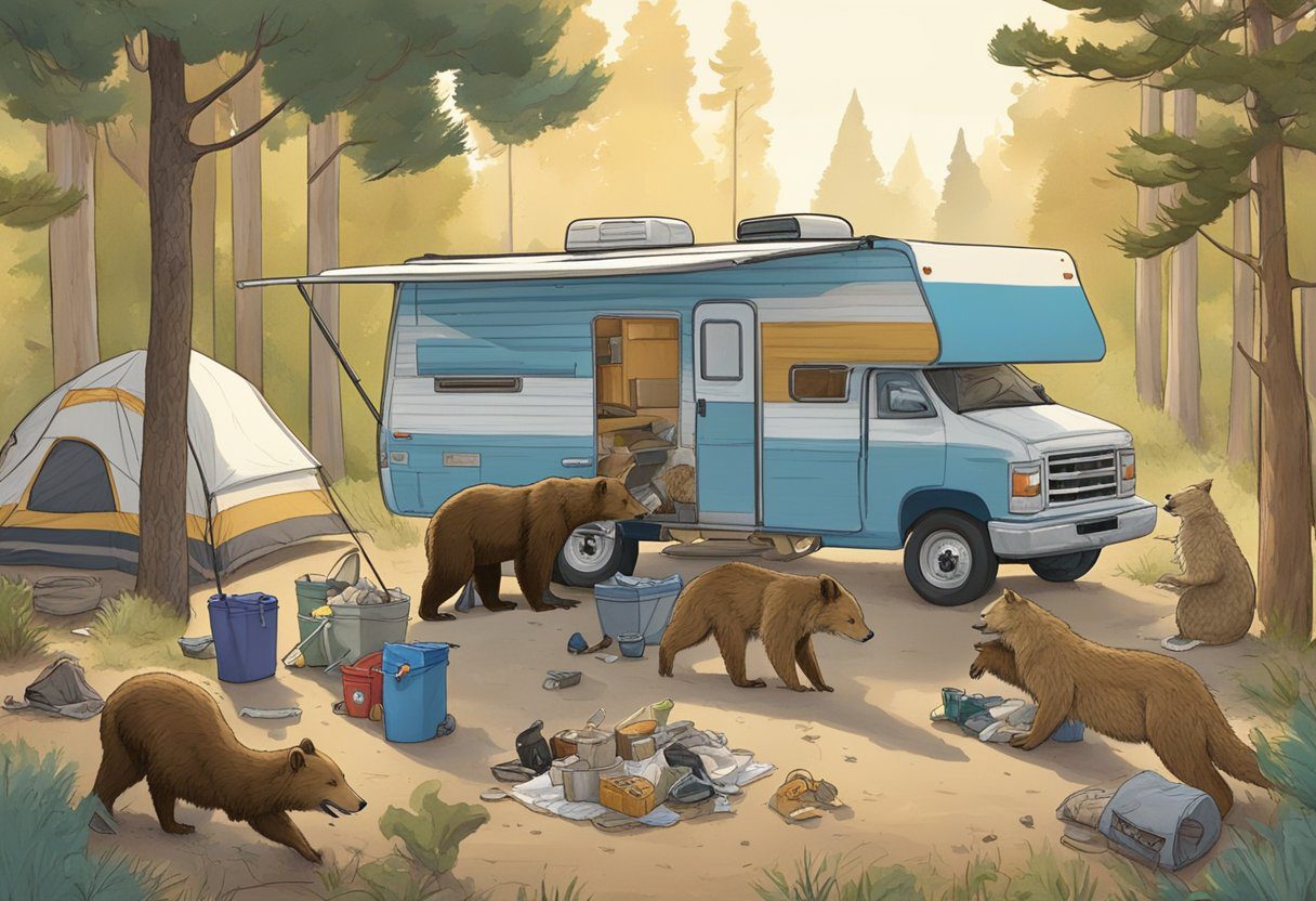 A bear rummages through a camper's trash, while a rattlesnake slithers near the picnic area, and a group of coyotes howls in the distance