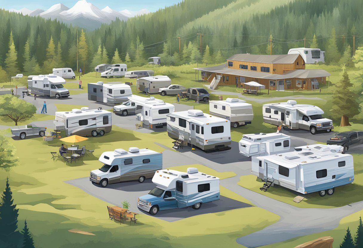 An RV campground with few medical facilities. Surrounding dangers include wildlife, uneven terrain, weather changes, limited access to emergency services, and potential accidents