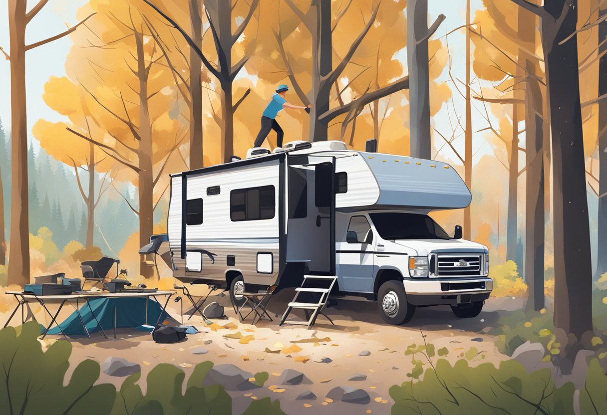 Tree branches falling onto RVs in a campground. Dust and debris flying as campers scramble for safety