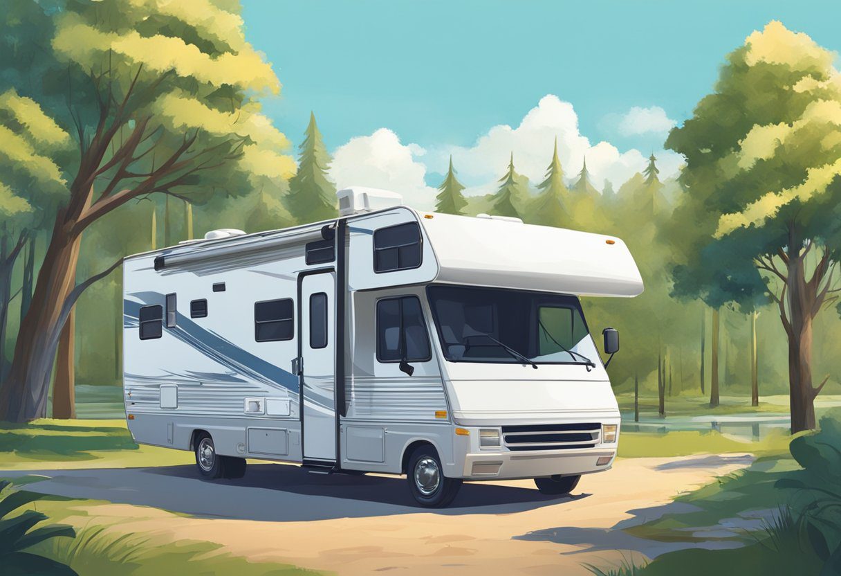 An RV parked in a scenic campground, surrounded by lush trees and a clear blue sky. The vehicle is well-maintained and shows no signs of wear and tear