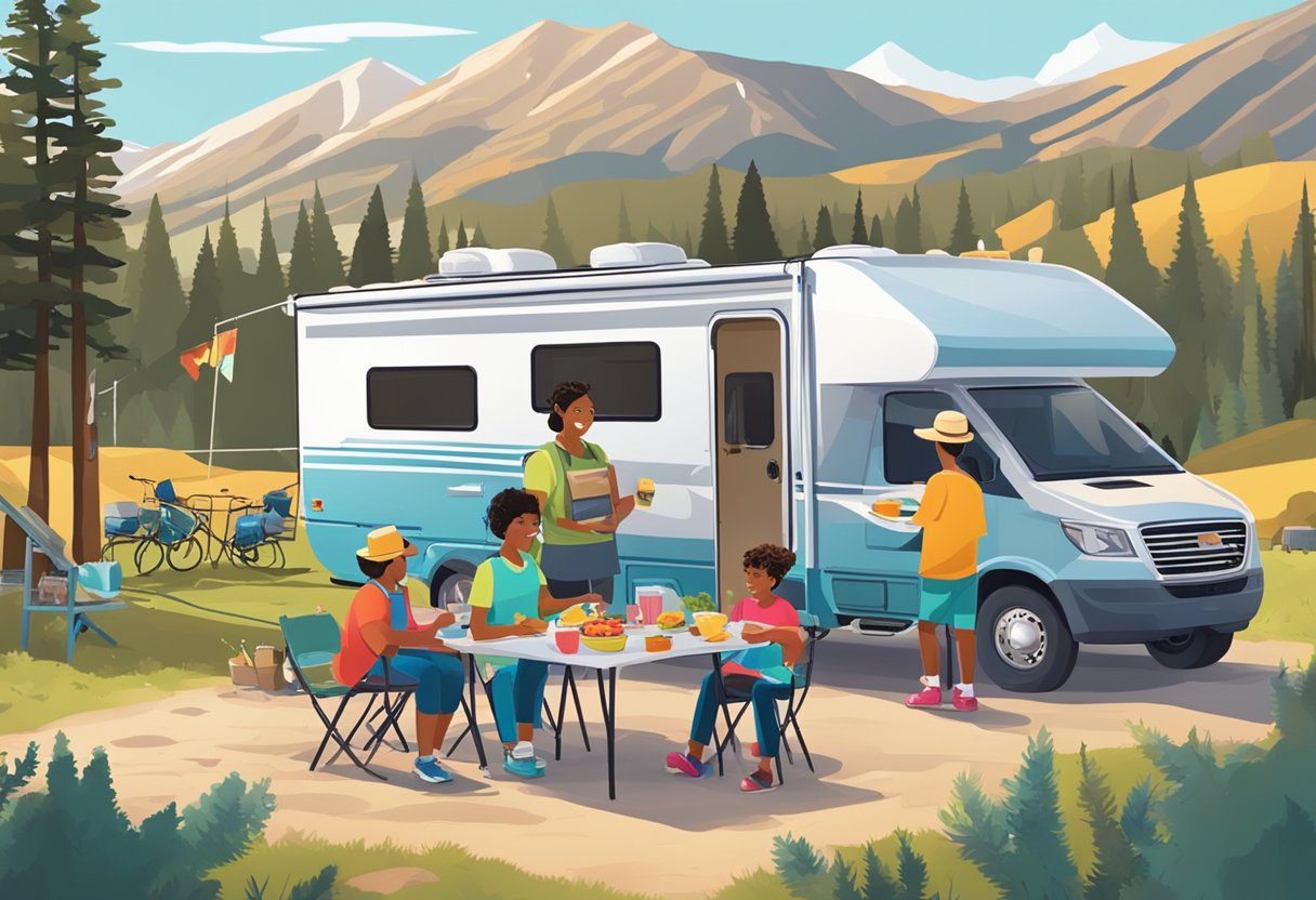 An RV parked in a scenic campground with mountains in the background. A family enjoying a meal outside, with bikes and outdoor gear nearby