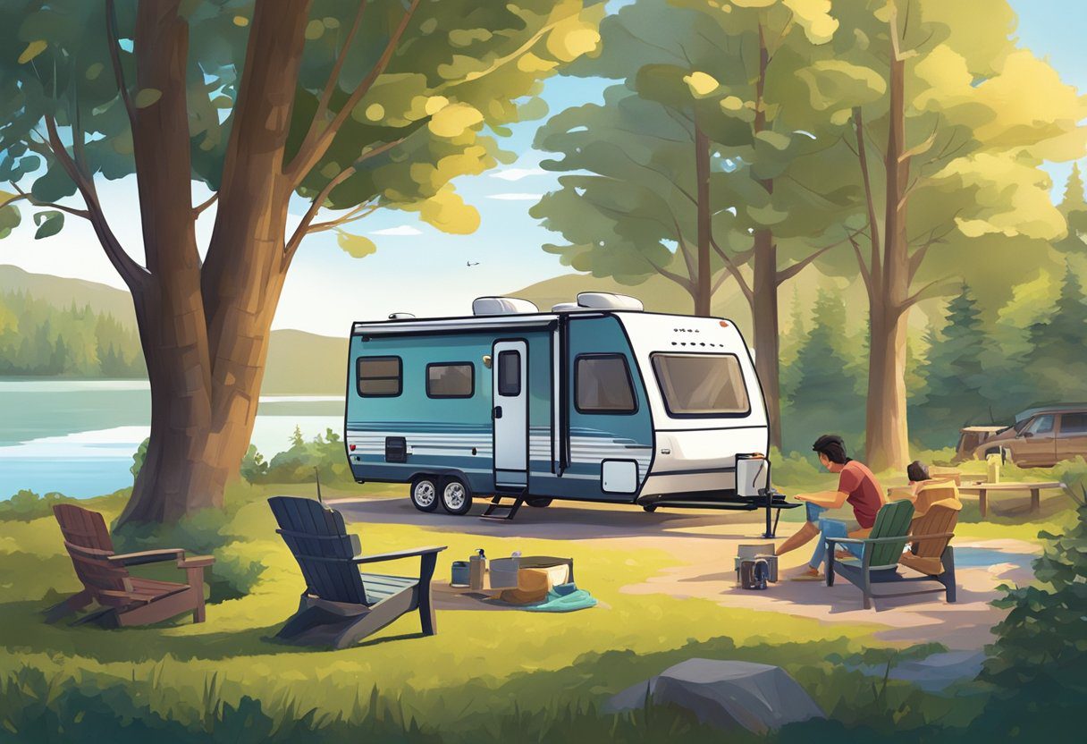 An RV parked in a scenic campground, surrounded by lush trees and a serene lake. A family enjoys outdoor activities like fishing and hiking, while another couple relaxes by a crackling campfire