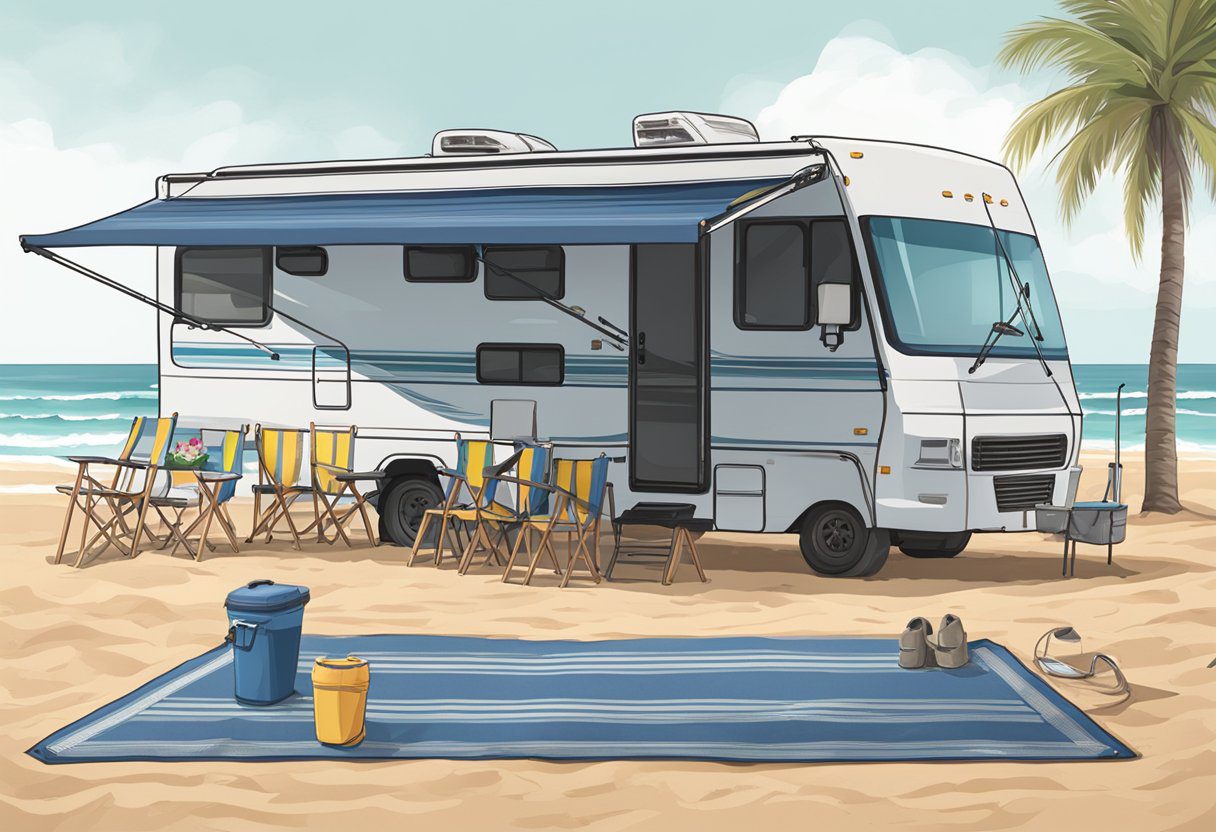 An RV parked on a sandy beach, with an awning mat spread out in front of it. The mat is surrounded by beach chairs and a cooler, with footprints leading away from the scene