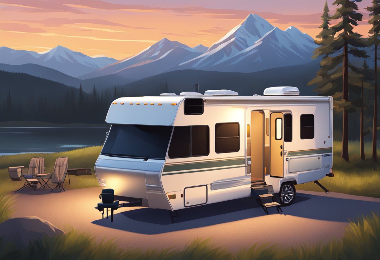 A Class B RV parked in a scenic campground with a couple of chairs set up outside. The sun is setting, casting a warm glow over the surrounding mountains and trees