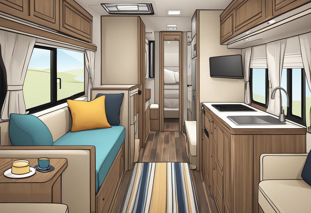 A cozy interior of a Class B RV, with a neatly made bed, soft pillows, and warm lighting. The space is compact yet inviting, with storage compartments and curtains for privacy