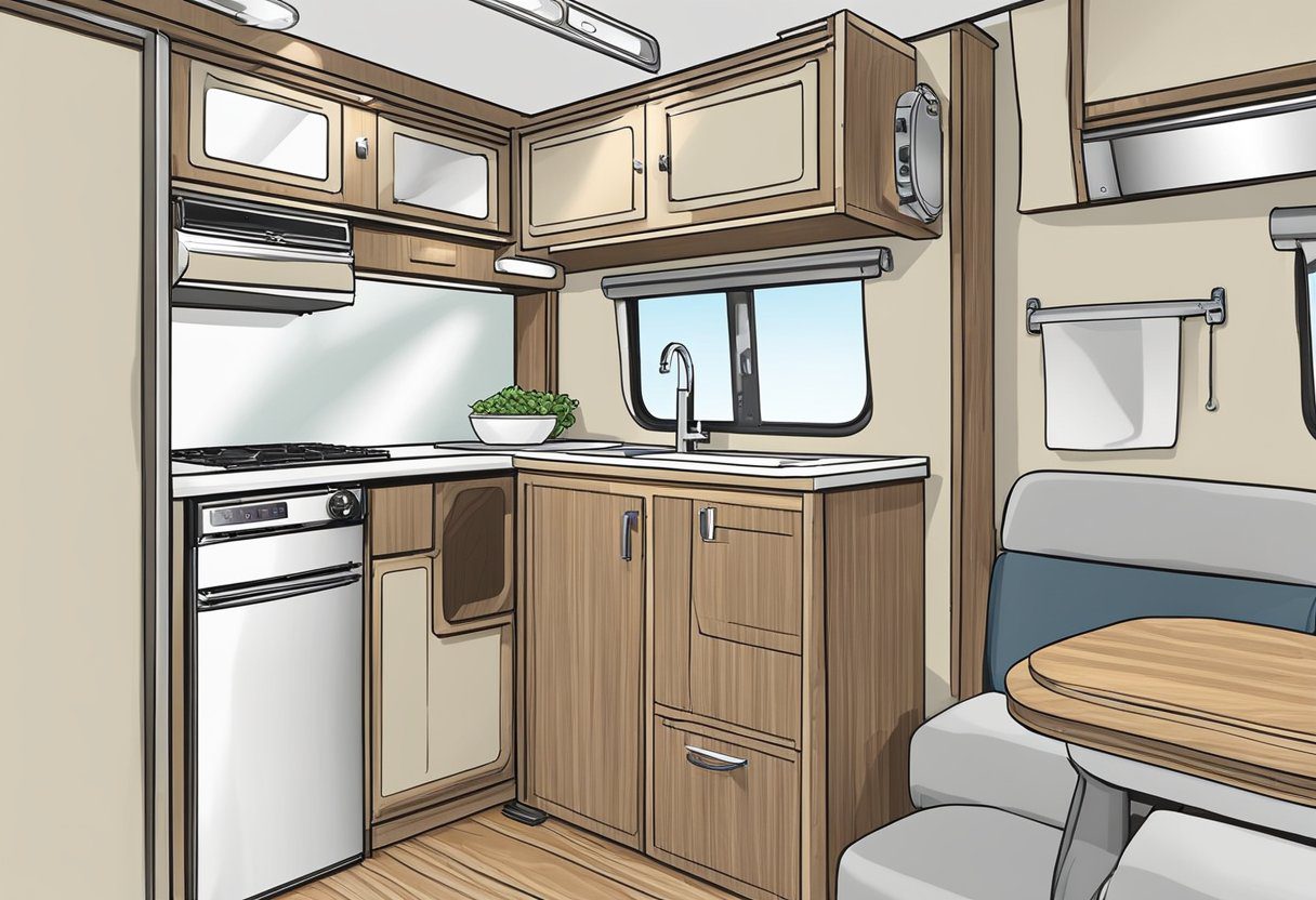 A compact kitchenette in a Class B RV, featuring a sink, stove, fridge, and storage compartments. Brightly lit with natural light from the window