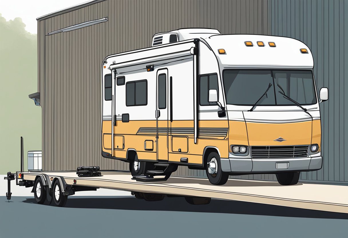 A sturdy tow bar connects an RV to a car. Both vehicles are parked on a level surface, with the tow bar securely attached and ready for towing