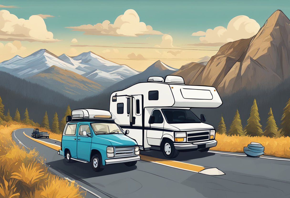 An RV towing a car with caution signs and a checklist of 5 items floating above. The RV and car are on a road with a mountainous backdrop