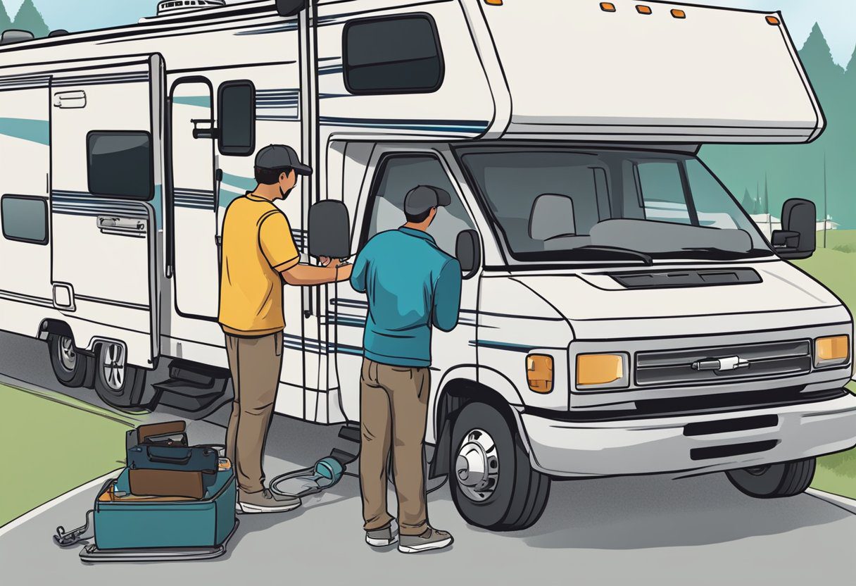 A person inspecting hitches on a parked RV with a checklist of 5 things to know before towing a car