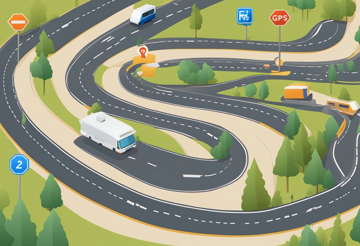 A winding road with misleading signs leads an RV in the wrong direction, while the GPS displays incorrect road names and numbers