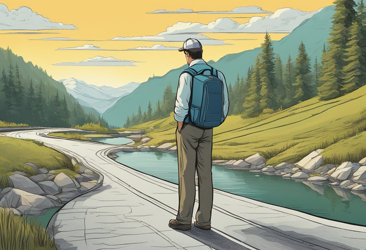 A winding road leads to a dead end, with a confused traveler looking at their GPS in disbelief. The supposed lake is nowhere to be found, casting doubt on the reliability of the navigation system