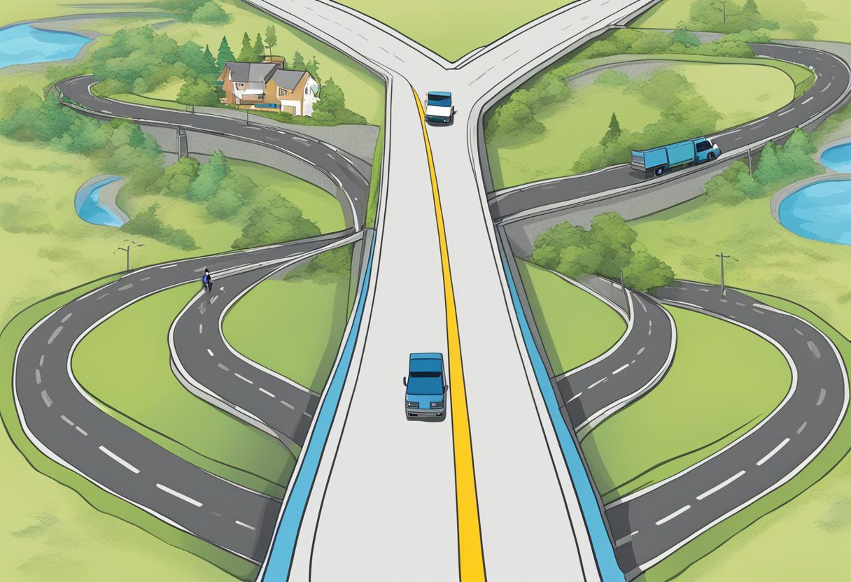 A split road with two similar-sounding destinations, causing confusion for an RV driver. The GPS shows conflicting routes