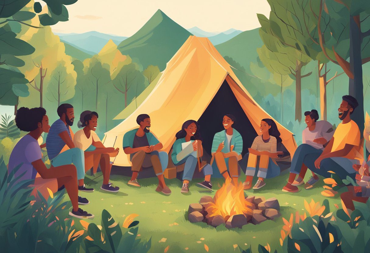 A group of people gather around a campfire, sharing stories and laughter. Tents are pitched in the background, and the surrounding nature is lush and vibrant
