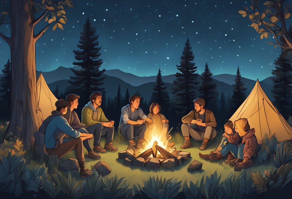 A group of people gather around a campfire, each holding a dish to share. Tents and trees surround the clearing, with a starry night sky overhead