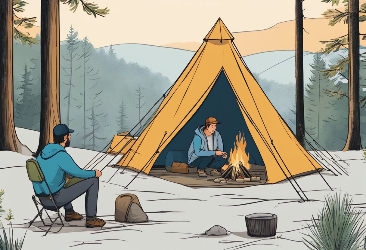 A person sets up a tent while a neighbor assists. Trees and a campfire are in the background