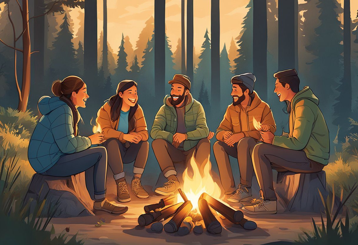A group of friends sit around a crackling campfire, sharing stories and laughter. The warm glow illuminates their faces as they bond over the shared experience of camping
