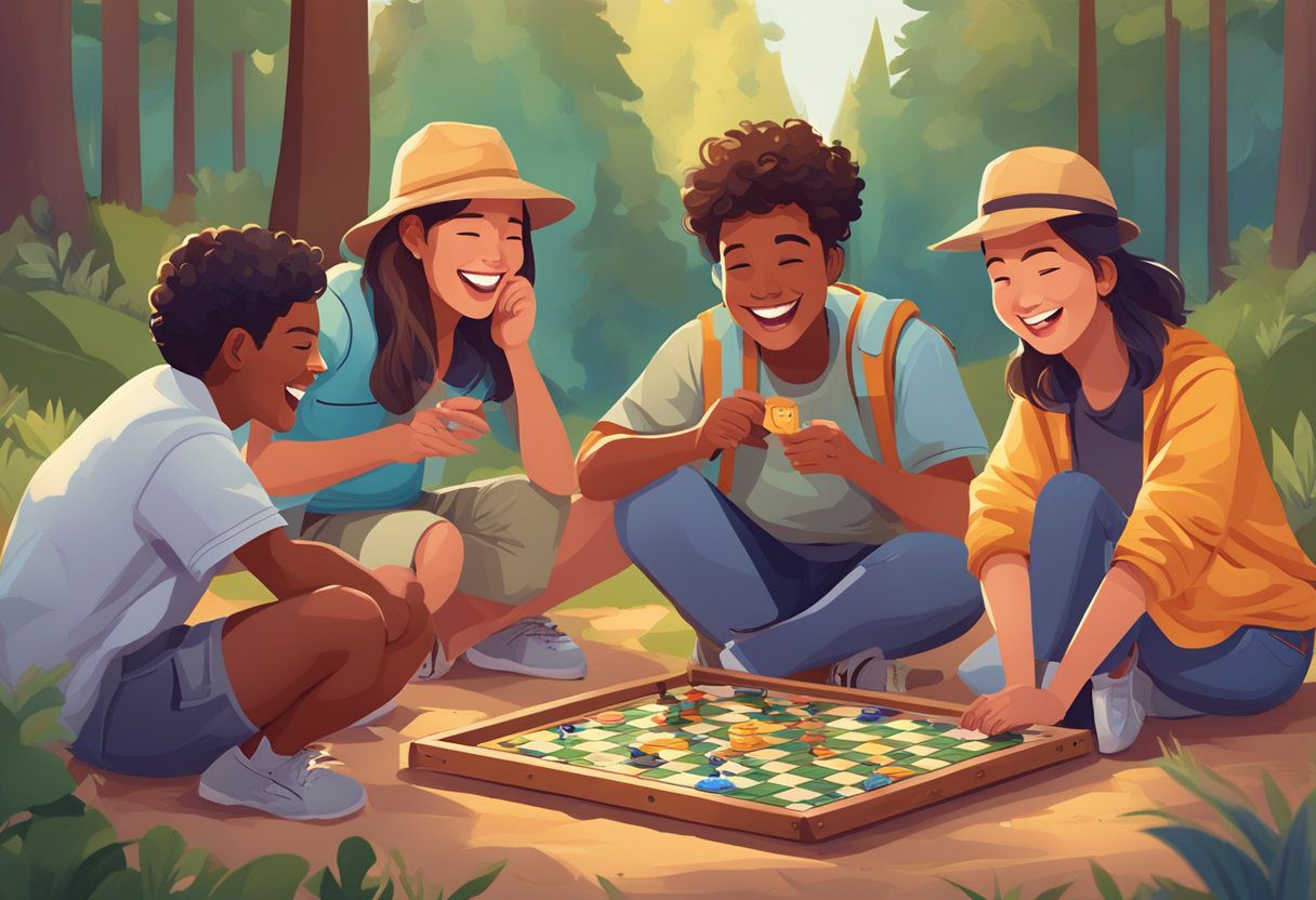 A group of campers gathered around a colorful board game, laughing and enjoying each other's company in the great outdoors