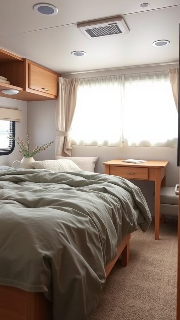 Cozy RV bedroom with soft green bedding and warm wooden accents.