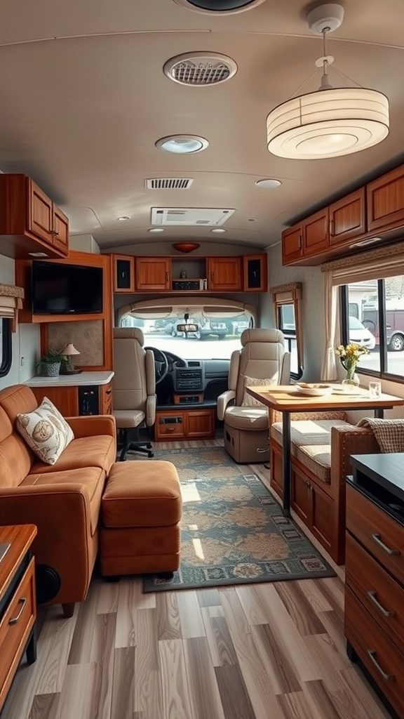 An inviting RV living room with cozy seating and a table, perfect for remote work and family gatherings.