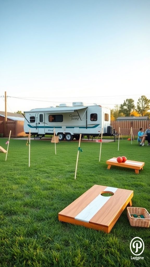 An outdoor game area with cornhole boards and balls near an RV.