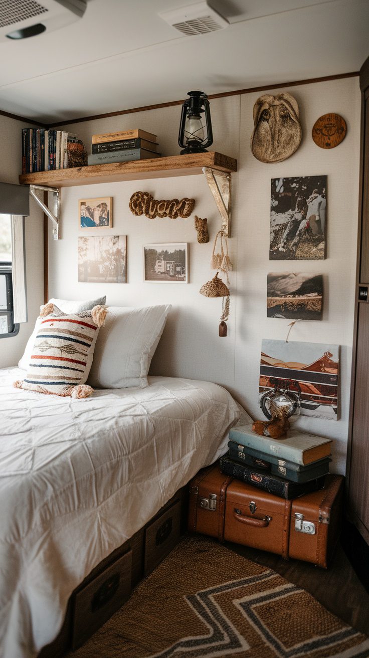 Cozy RV bedroom with a bed, decorative pillows, and framed photos on the wall.