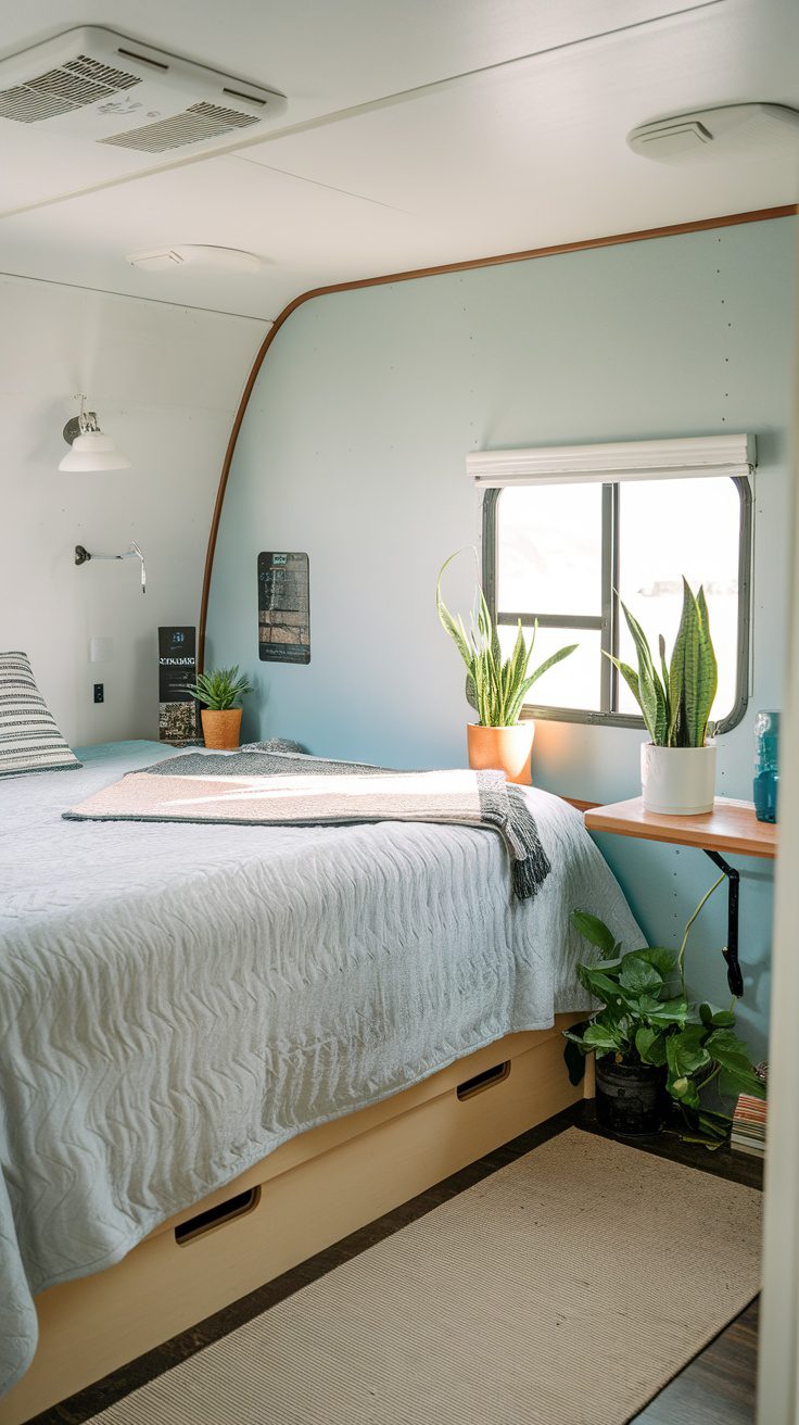 An RV bedroom with plants on the bed, showcasing a cozy and fresh atmosphere.