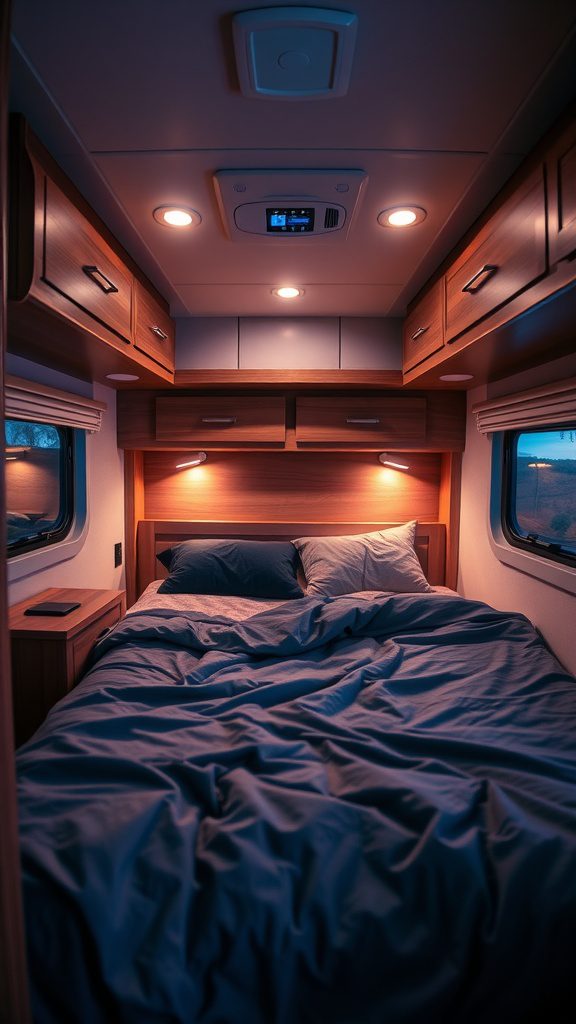 Cozy RV bedroom with modern lighting and a comfortable bed.