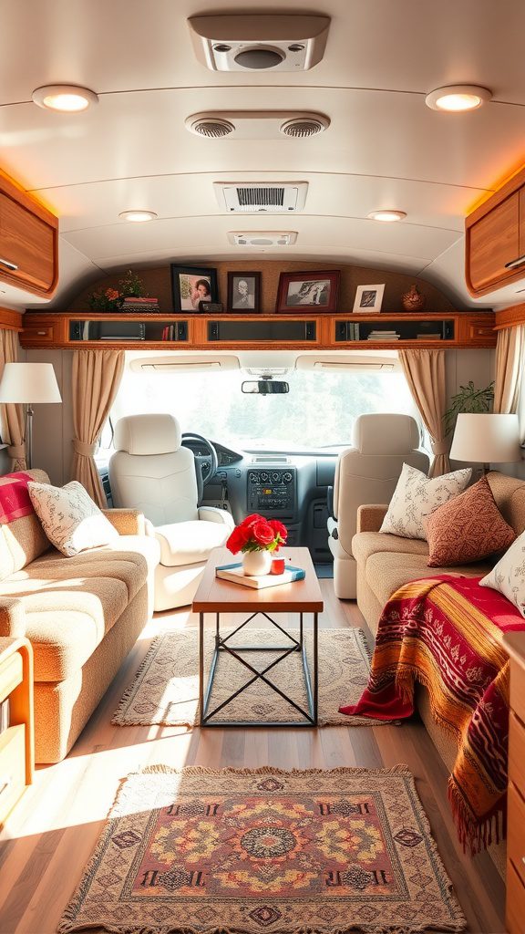 A cozy RV living room with comfortable seating, decorative pillows, a coffee table, and family photos on the walls