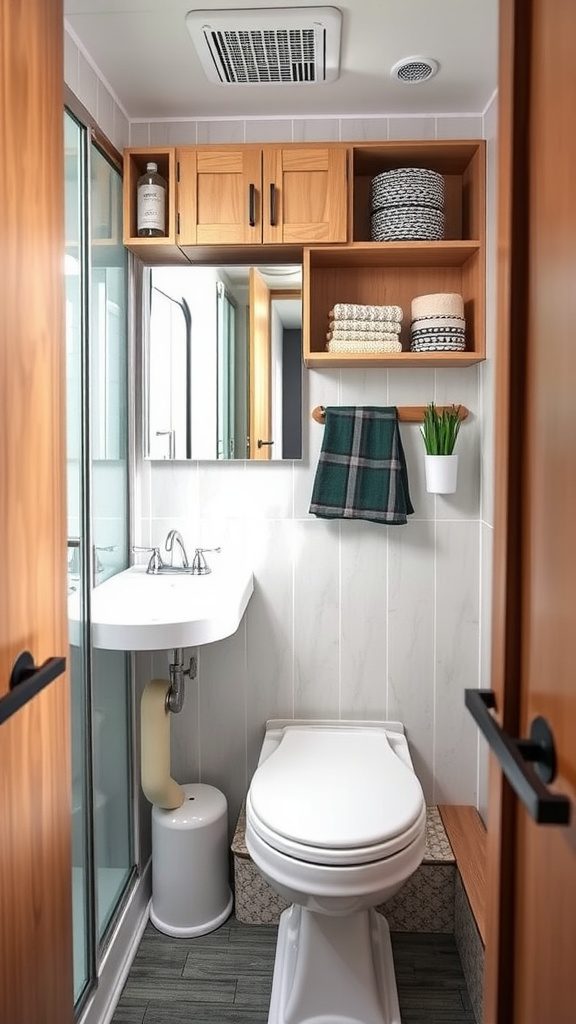 A small, organized bathroom with wooden storage cabinets, towels, and a clean modern design.