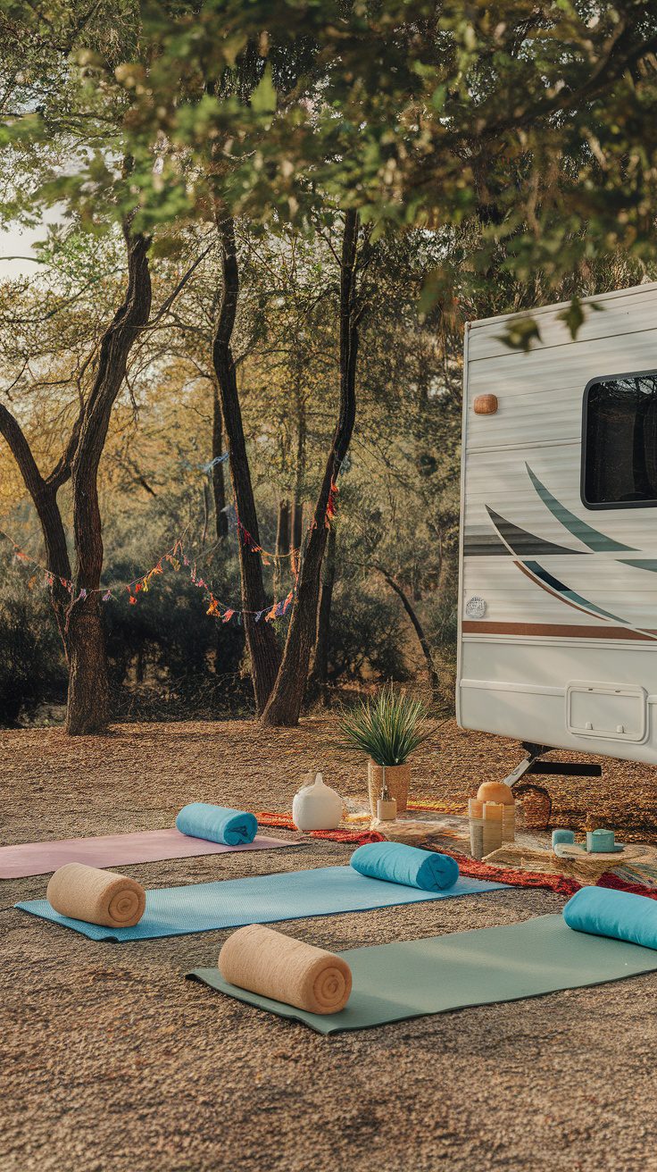 A serene outdoor yoga space set up in front of an RV, featuring yoga mats, a coffee cup, and nature around.