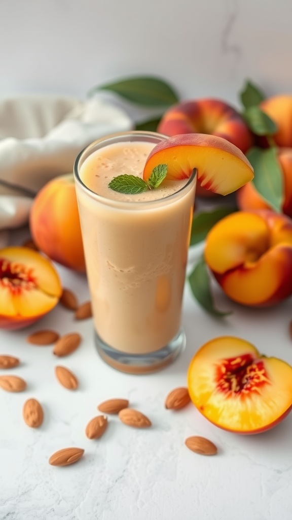Peach smoothie in a glass with fresh peaches and almonds