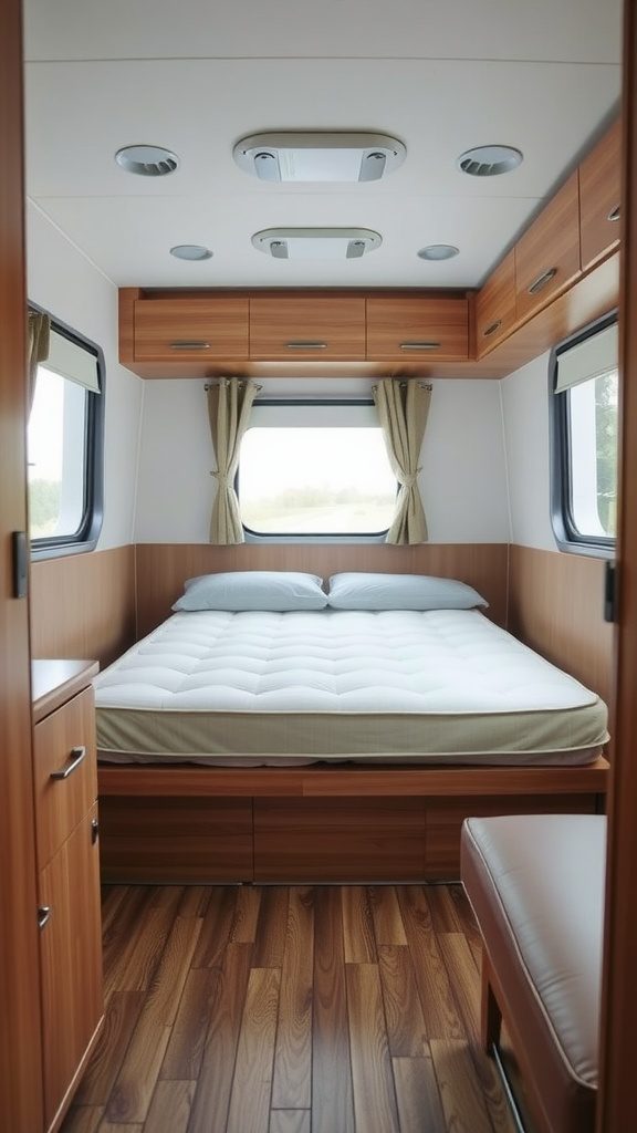 Interior of an RV showing a space-efficient mattress setup with storage underneath.