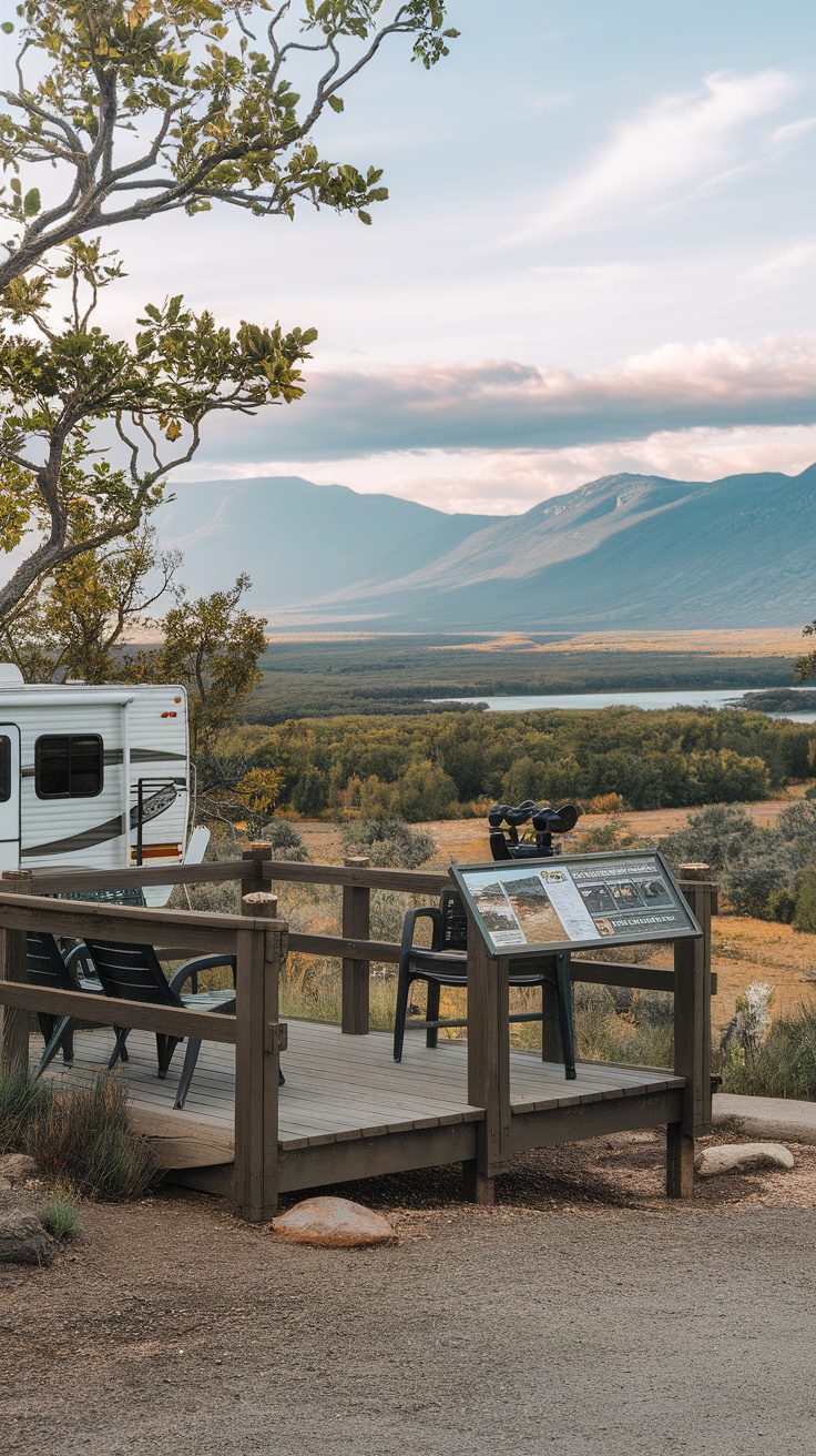 A deer standing on a roof with an RV and a camera set up for wildlife observation.