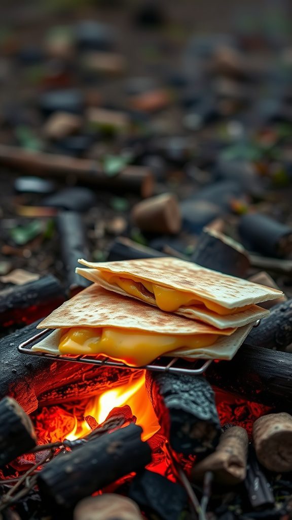Campfire quesadillas being cooked over a campfire, showcasing melted cheese between tortillas.