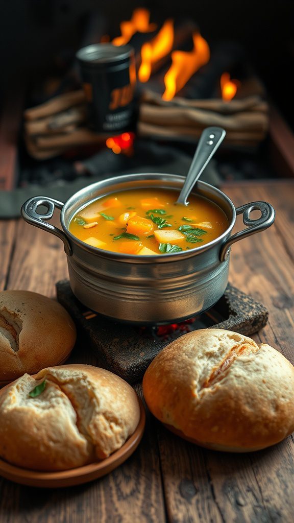 A pot of warm soup beside freshly baked bread rolls on a wooden surface.