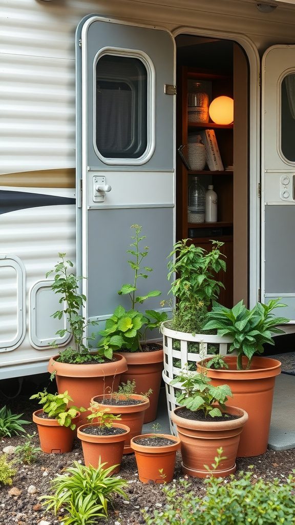 A cozy gardening corner outside an RV featuring various pots with fresh herbs.