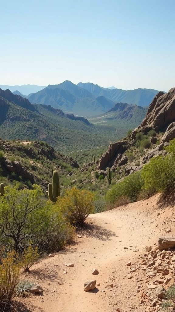 A scenic hiking trail in the Catalina Mountains with desert vegetation and mountains in the background.