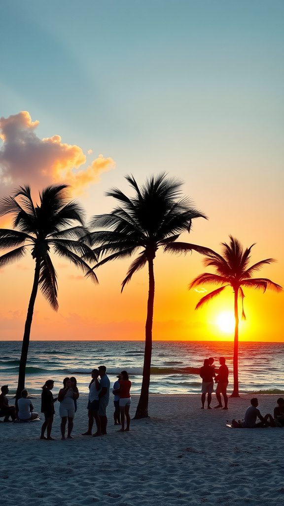 A beautiful sunset over the ocean in Key West, with palm trees and people enjoying the beach.