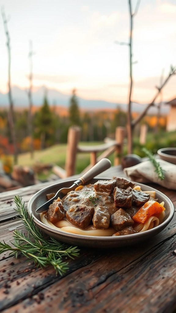 Plate of beef stroganoff served over noodles with fresh herbs.