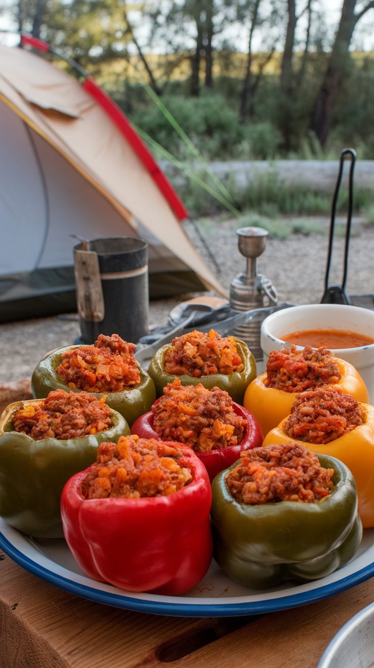 A plate of colorful stuffed peppers ready to be cooked.