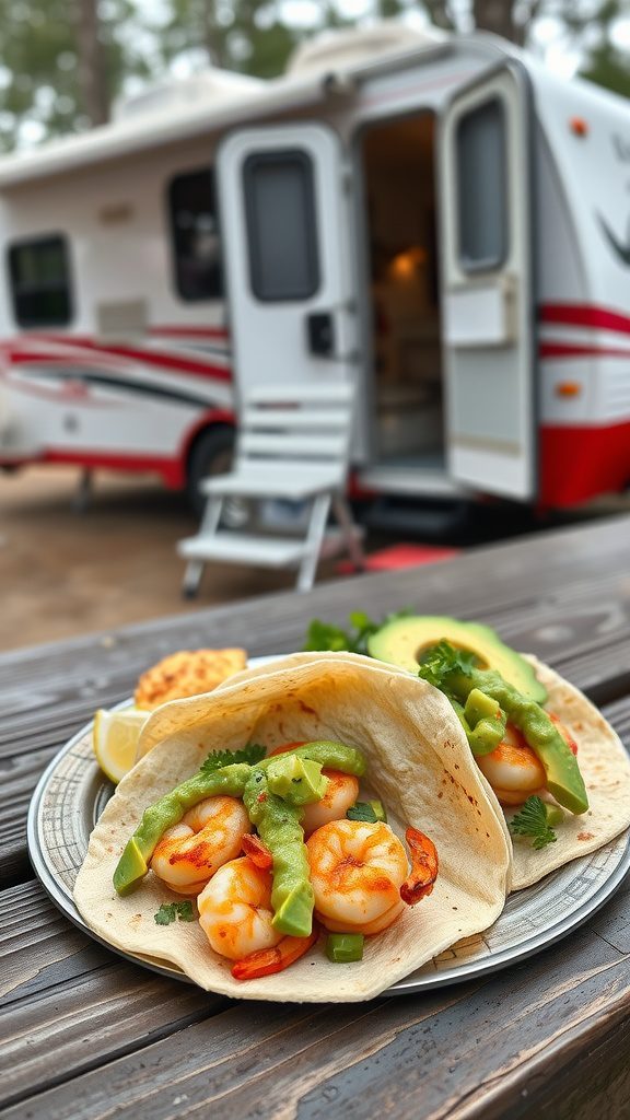 Sizzling shrimp tacos with avocado salsa served outside an RV