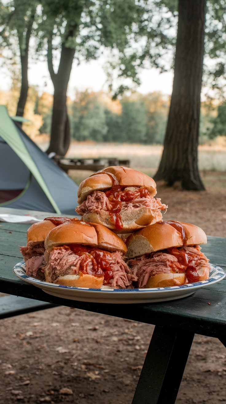 Delicious BBQ pulled pork sandwiches stacked on a plate, perfect for camping meals.