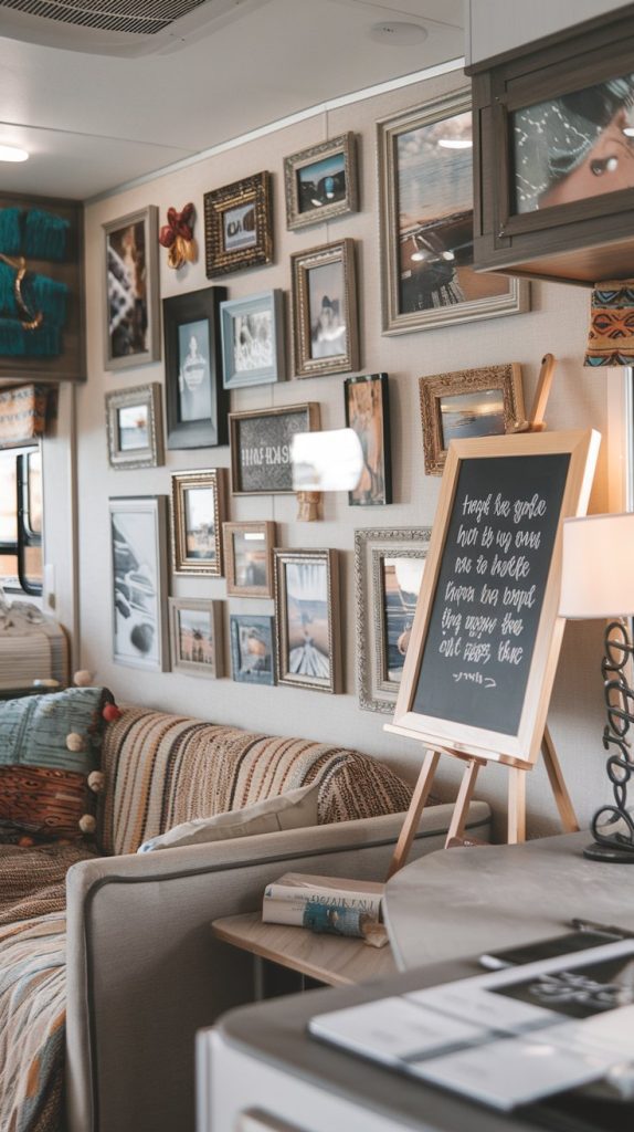 a gallery of personalized wall art that showcases your travel adventures. In the image, you can see a cozy RV interior adorned with various framed photographs and a heartfelt quote. 