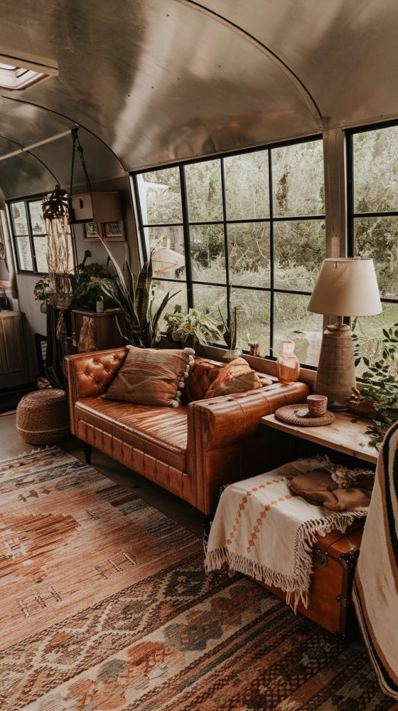 a boho chic RV, showcasing an earthy color palette that instantly brings a sense of calm. The warm tones of the leather sofa blend perfectly with the wooden flooring, creating a cozy yet stylish atmosphere.