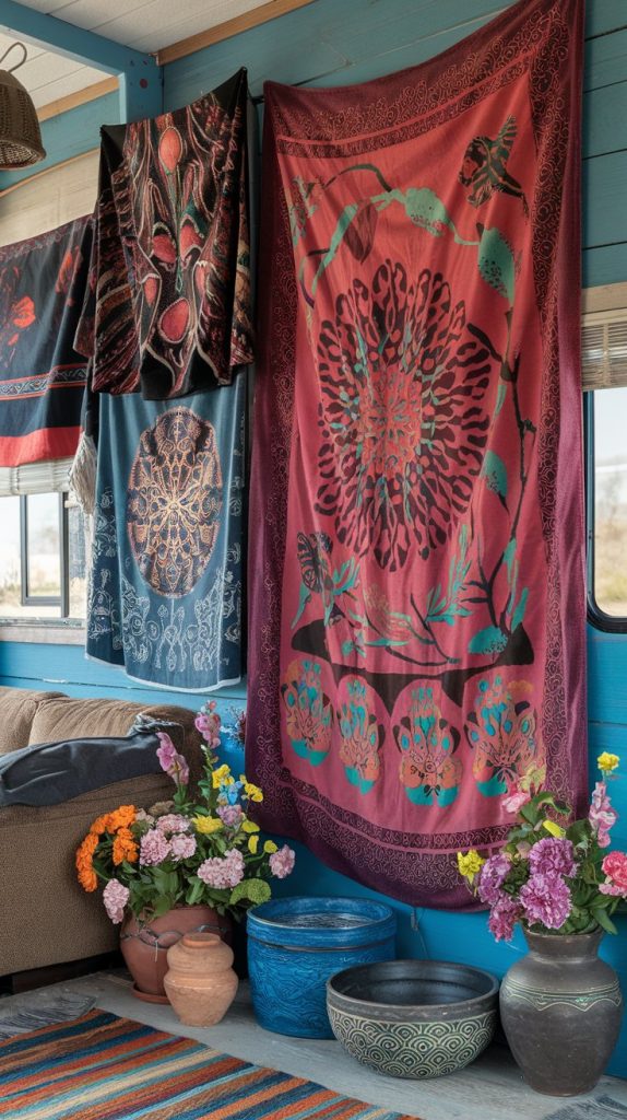 a collection of vibrant tapestries hanging against a charming blue wall. Each tapestry features intricate designs and rich colors that evoke a sense of adventure and free-spirited living.