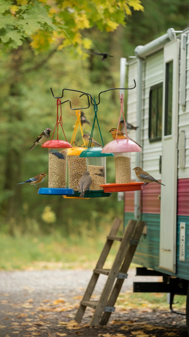 Colorful bird feeders filled with seeds, surrounded by birds, near an RV