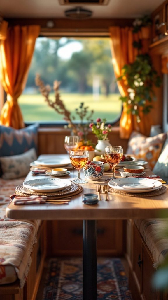 A cozy RV dining setup featuring a bohemian-inspired table with colorful glassware, mismatched plates, and warm textiles.