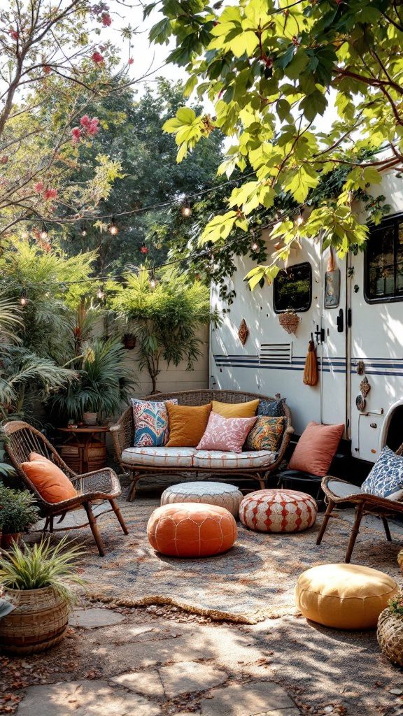 Bohemian outdoor seating area with cushions and poufs next to an RV.