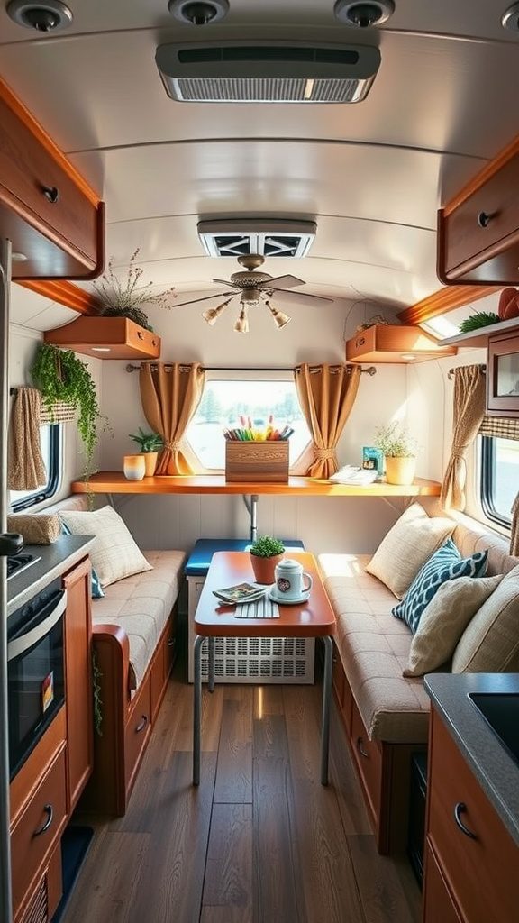 Cozy RV interior with wooden cabinetry, soft cushions, and plants, showcasing a tidy and inviting space.